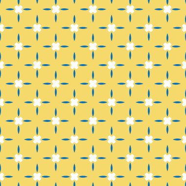 Geometrik şekilli, sarı, mavi ve beyaz renklerde vektörsüz desen arkaplanı.