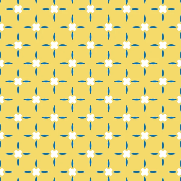 幾何学的形状を持つベクトルシームレスパターンテクスチャの背景 黄色で着色 青と白の色 — ストックベクタ