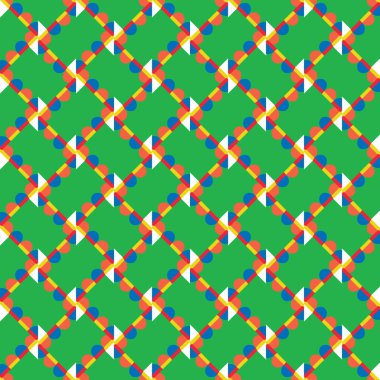 Yeşil, mavi, turuncu, kırmızı, sarı ve beyaz renklerle renklendirilmiş geometrik şekilli vektörsüz desen arkaplanı.