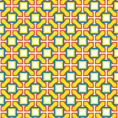 Geometrik şekilli, sarı, kırmızı, mavi ve beyaz renklerde vektörsüz desen arkaplanı.