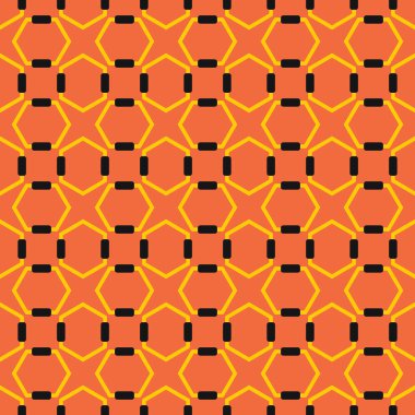 Geometrik şekilli, turuncu, sarı ve siyah renkli vektör desensiz arkaplan.