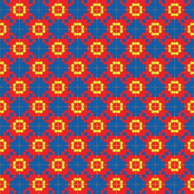 Geometrik şekilli, kırmızı, mavi ve sarı renkli vektörsüz desen arkaplanı.