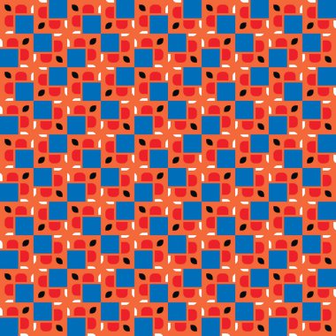 Geometrik şekilli, turuncu, kırmızı, mavi, siyah ve beyaz renklerde vektörsüz desen arkaplanı.