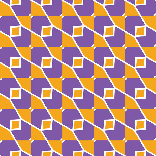 Векторный бесшовный текстурный фон с геометрическими фигурами, окрашенный в фиолетовый, оранжевый и белый цвета.