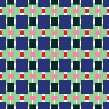 Geometrik şekilli, mavi, yeşil, pembe, kırmızı ve beyaz renklerde vektörsüz desen arkaplanı.