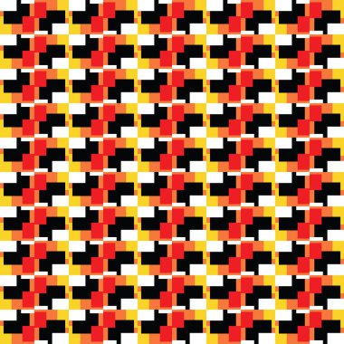 Geometrik şekilli, kırmızı, turuncu, sarı, siyah ve beyaz renklerde vektör desensiz arkaplan.