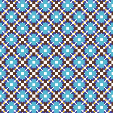 Geometrik şekilli, mavi, kahverengi, sarı ve beyaz renklerde vektörsüz desen arkaplanı.