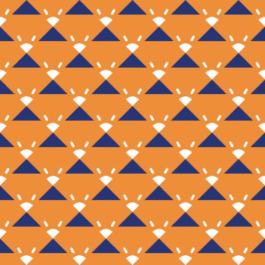 Geometrik şekilli, turuncu, mavi ve beyaz renklerde vektörsüz desen arkaplanı.