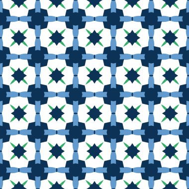 Geometrik şekilli, mavi, yeşil ve beyaz renkli vektörsüz desen arkaplanı.