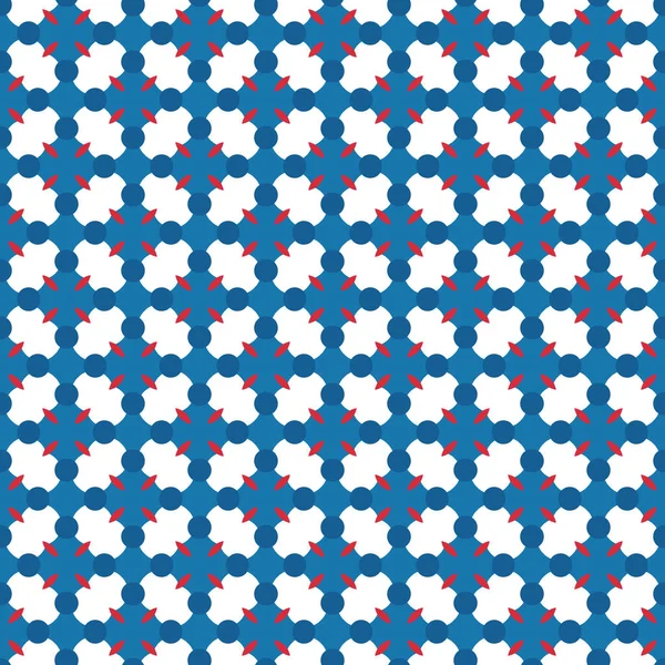 幾何学的形状を持つベクトルシームレスなパターンテクスチャの背景 青で着色 白と赤の色 — ストックベクタ