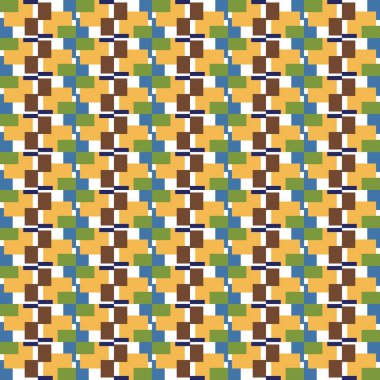 Geometrik şekilli, sarı, kahverengi, yeşil, mavi ve beyaz renklerde vektörsüz desen arkaplanı.