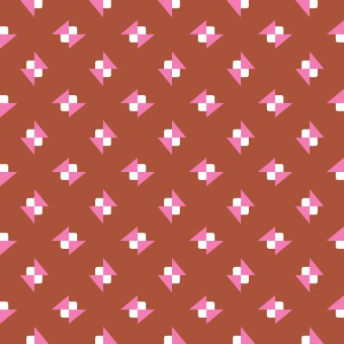 Geometrik şekilli, kahverengi, pembe ve beyaz renklerde vektörsüz desen arkaplanı.