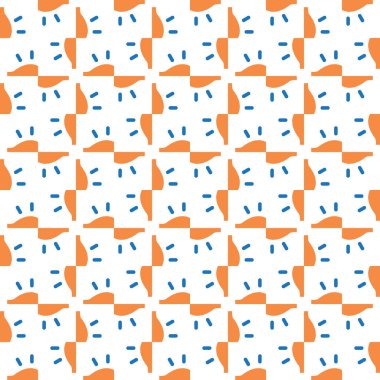 Geometrik şekilli, turuncu, mavi ve beyaz renklerde vektörsüz desen arkaplanı.