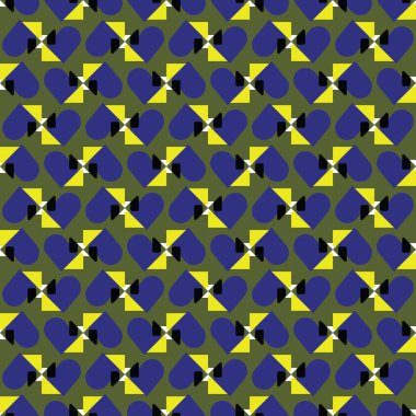 Geometrik şekilli, yeşil, mavi, sarı ve beyaz renklerde vektör desensiz arkaplan.