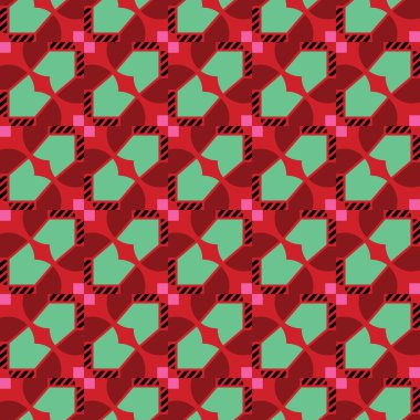 Geometrik şekilli, kırmızı, pembe, yeşil ve siyah renkli vektör desensiz arkaplan.