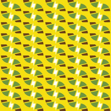 Geometrik şekilli, sarı, kahverengi, beyaz ve yeşil renklerde vektörsüz desen arkaplanı.