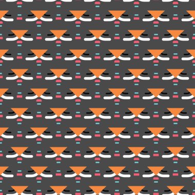 Gri, siyah, turuncu, pembe, mavi ve beyaz renklerle renklendirilmiş geometrik şekilli vektörsüz desen arkaplanı.