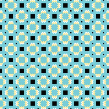 Geometrik şekilli, mavi, sarı, beyaz ve siyah renkli vektör desensiz arkaplan dokusu.