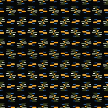 Siyah, sarı, yeşil, mavi ve beyaz renklerle renklendirilmiş geometrik şekilli vektörsüz arkaplan dokusu.