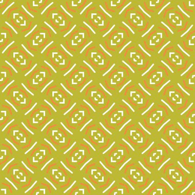 Geometrik şekilli, yeşil, turuncu ve beyaz renklerde vektör desensiz arkaplan dokusu.