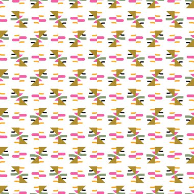 Geometrik şekilli vektör desensiz arkaplan, beyaz, kahverengi, pembe, yeşil, sarı ve siyah renklerde..