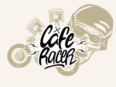 Cafe Racer. Elbise veya etiket özgün baskı. Kahve. Bisiklet. Motosiklet. Kask.