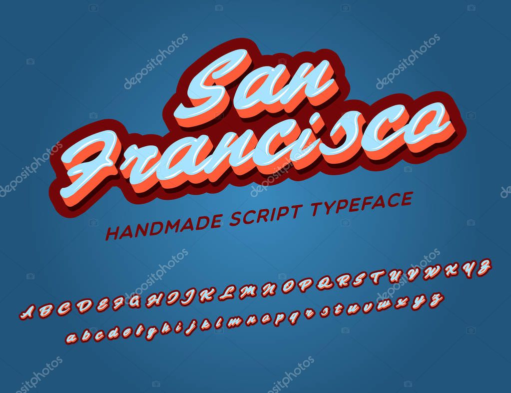 3D vintage script font. Retro typeface. Vector font illustration. Comics style.