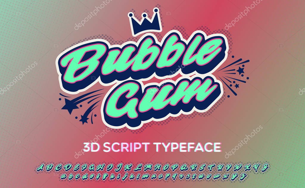 Bubble Gum. Colorful 3D script typeface. Color font.
