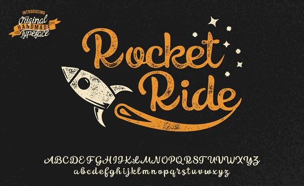 Rocket Ride. Fuente y logo con una nave espacial. Tema espacial. Guión — Vector de stock