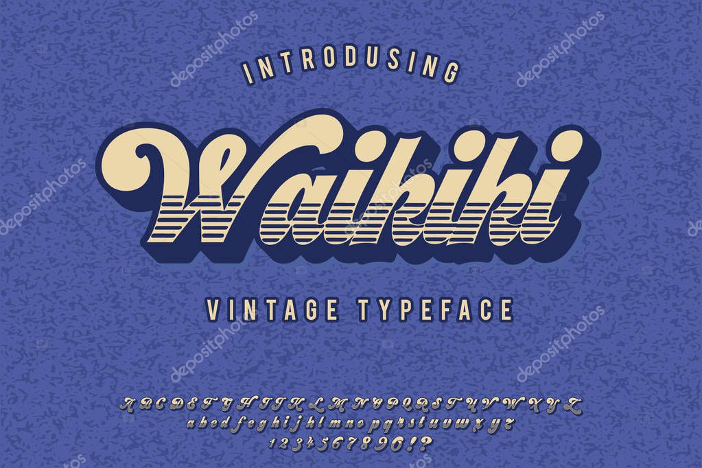 Waikiki. Retro poster. Summer style. Vintage script typeface. Retro 3d font in 80s style. Vintage typography.