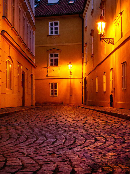 Night street on Kampa Islan in historic center of Prague