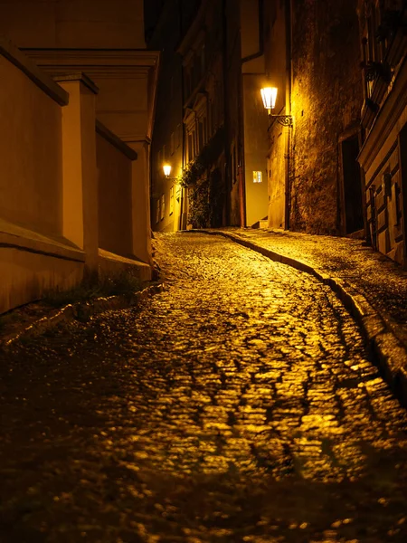 Oude Geplaveide Nacht Straat Praag Historische Oude Stad — Stockfoto