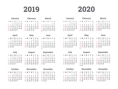 Hafta Pazartesi günü başlar. Takvim 2019 2020 yıl - vektör çizim.
