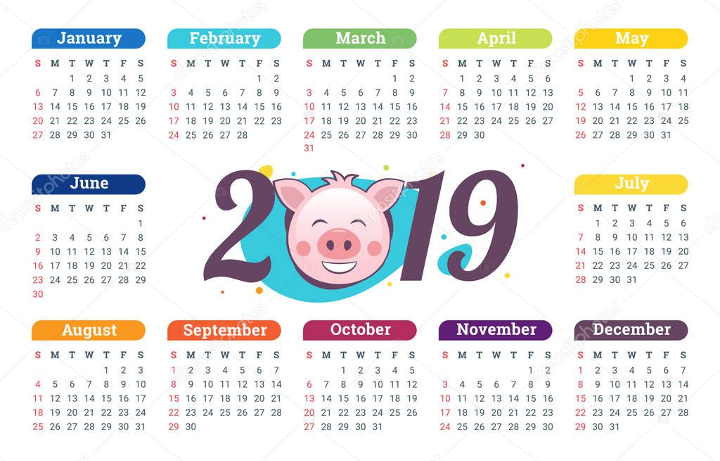 Pig calendar for 2019. Cute month calendar with funny pig. Week starts on monday. Vector illustration in cartoon style.