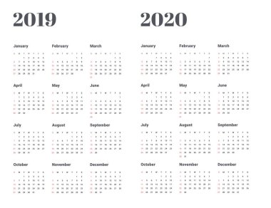 Takvim 2019 2020 yıl illüstrasyon. Hafta Pazartesi günü başlar