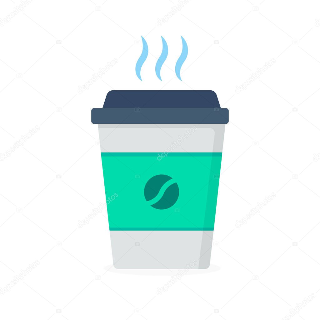 Disposable coffee cup icon with coffee beans logo, Vector illustration flat design with long shadow. EPS 10.