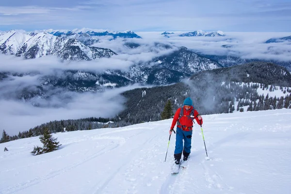 Karwendelの山の中で男のスキーツアーは 山の景色の前で スキーで山のピークSchediatorを登る — ストック写真