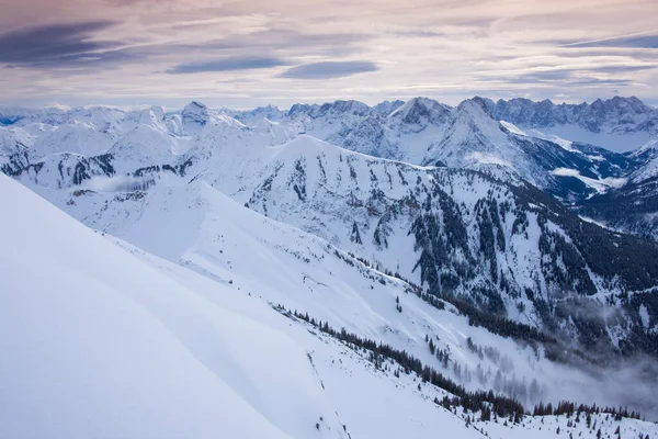 Vinterpanorama Landskap Karwendel Bergen Vid Schafreiter Med Dimma Snö Och — Stockfoto