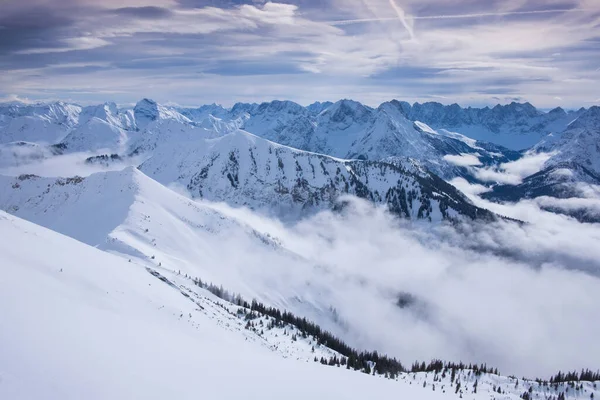 Vinterpanorama Landskap Karwendel Bergen Vid Schafreiter Med Dimma Snö Och — Stockfoto