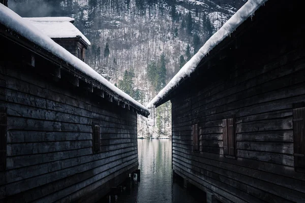 Wooden House Boats Lake Konigssee Bavaria Germany — 스톡 사진