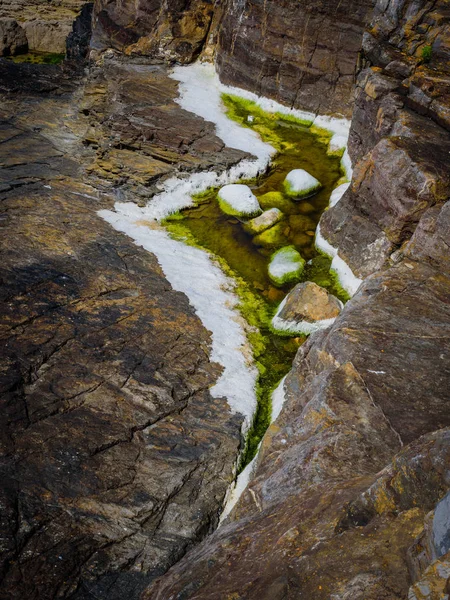 Pedras de granito rosa e algas verdes na costa perto de Plumanak — Fotografia de Stock