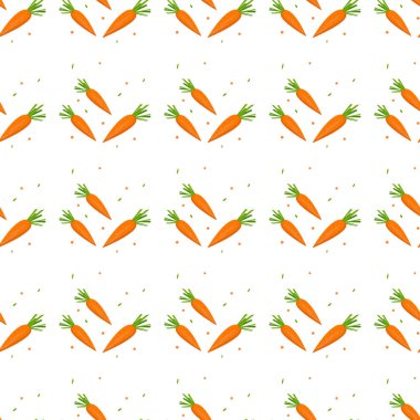 Olgun havuç seamless modeli. Farklı boyutlarda turuncu havuç yeşil beyaz arka plan üzerinde düz vektör bırakır. Kök sebze çizgi film gösterim amacıyla Ambalaj Kağıt, kumaş, tebrik kartı eps 10 yazdırır