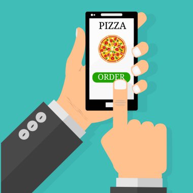 El üstünde belgili tanımlık perde smartphone pizza ile tutarak. Sipariş lokanta kavramı. Düz vektör çizim.