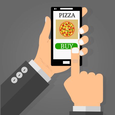 Vektör düz çizim. Akıllı telefon, semti için pizza pizzacı eps10 bir smartphone kullanarak tutan el