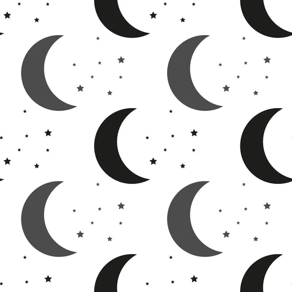 Moon and stars. Black and white. Vector illustration. Seamless pattern. — Stock Vector