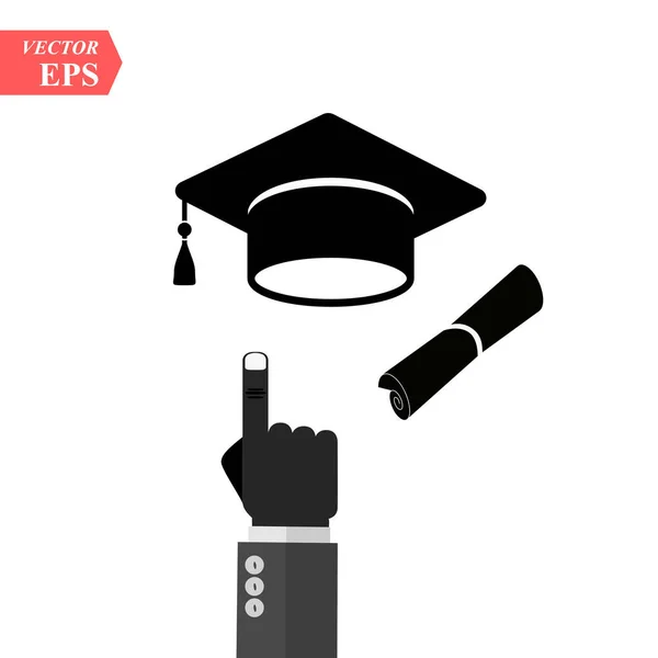 Casquillo de graduación y diploma icono web negro. ilustración vectorial. Una mano que apunta al icono de la gorra de graduación . — Vector de stock