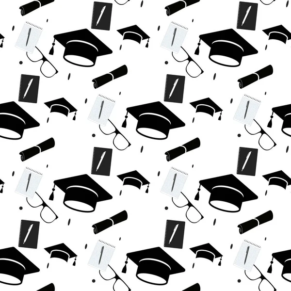 Capa de graduação e diploma rolar fundo sem costura. Padrão de símbolo de aniversário de celebração de ensino superior. Fundo de textura preto e branco. Ilustração do contorno do vetor —  Vetores de Stock