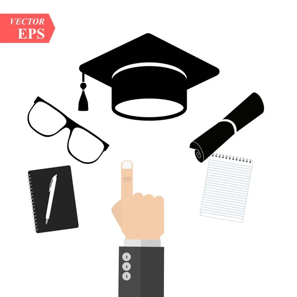 Casquillo de graduación y diploma icono web negro. ilustración vectorial. Una mano que apunta al icono de la gorra de graduación. Vidrio, pluma, libro . — Vector de stock