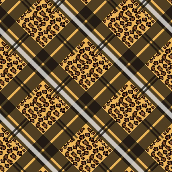 Schottischer Tartan Grunge mit nahtlosem Muster und Leopardenflecken — Stockvektor
