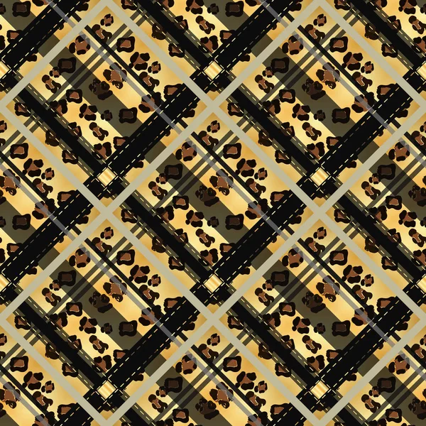 Scottish Tartan Grunge Seamless Pattern Leopard Spots Tartan Leopard Style — Stock Vector